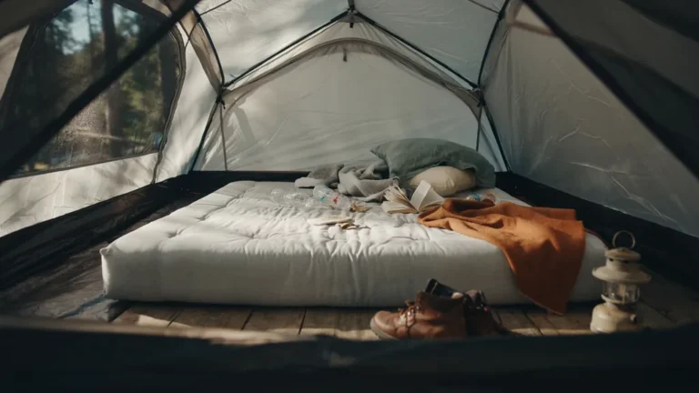 Queen air mattress made up inside a family camping tent