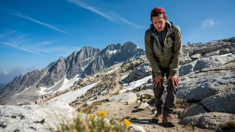Hiker catching breath on a high alpine trail above treeline