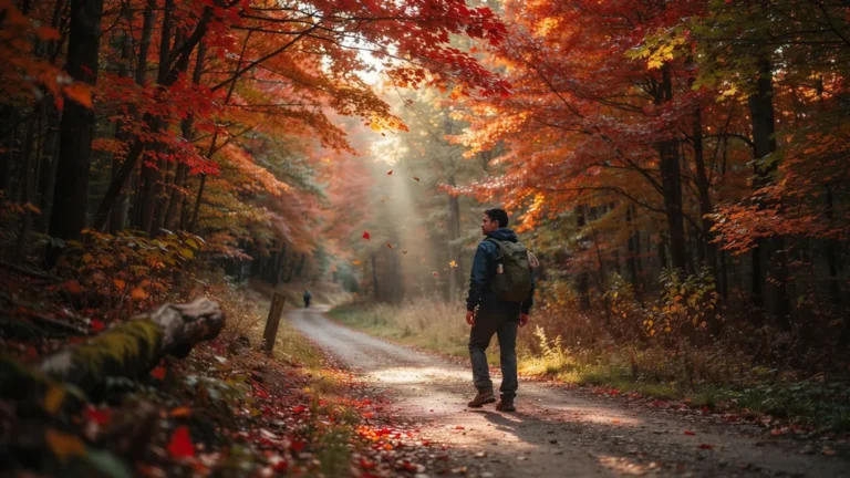 A hiking trail through a brilliant red and orange autumn forest