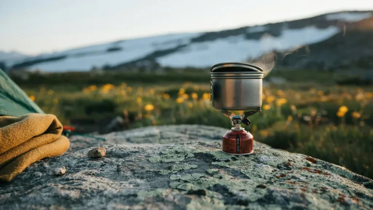 A backpacking camp stove with a pot boiling on a blue flame