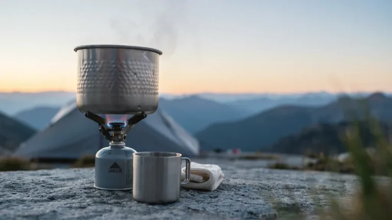 Backpacking canister stove boiling water at a mountain campsite