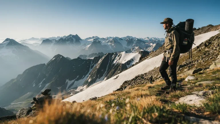Backpacker traversing a high alpine trail with peaks ahead