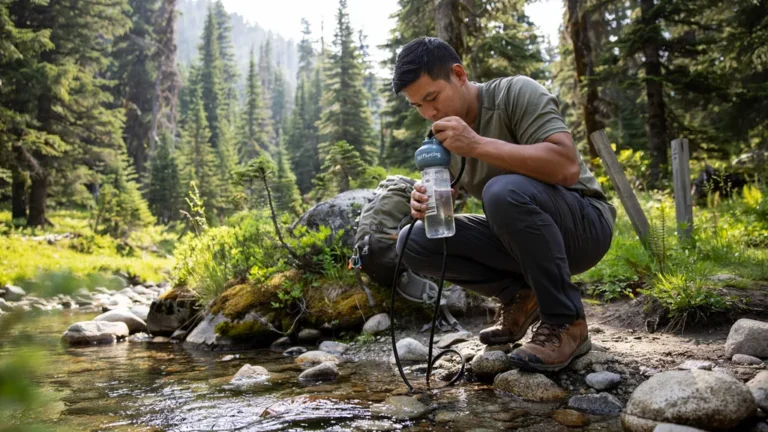 Backpacker filtering water from a mountain stream