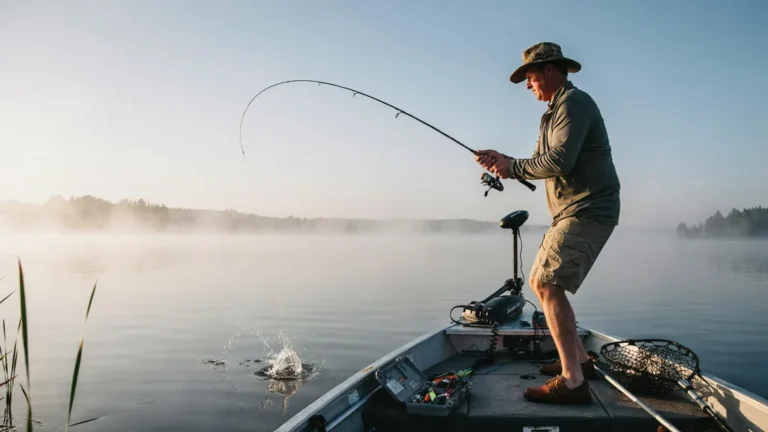 A bass angler casting from a boat at dawn
