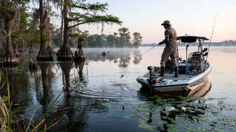 Bass boat on a calm cypress-lined lake at sunrise