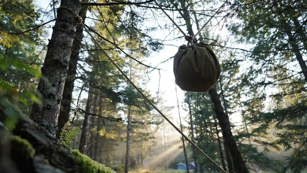 A food bag hung high from a tree branch as a bear hang
