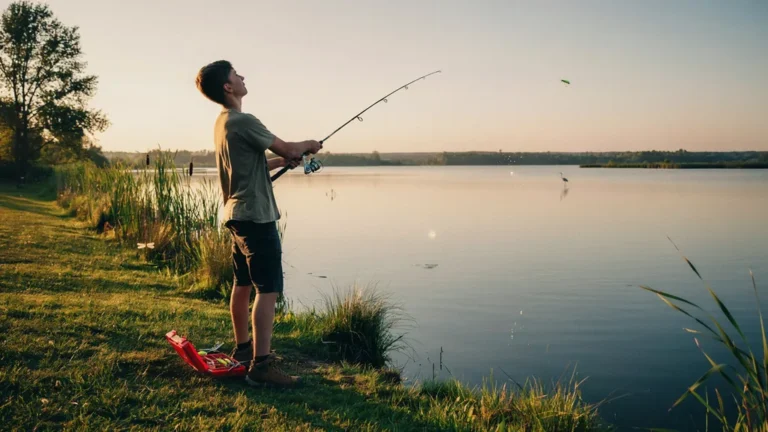 A beginner angler casting from a calm lake shore at golden hour