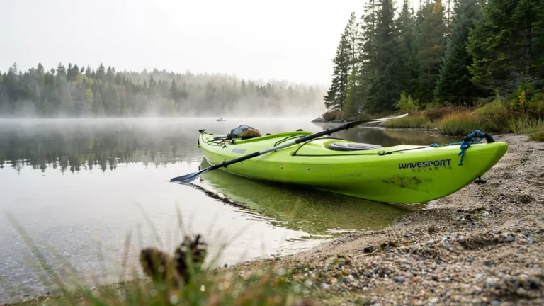 Recreational kayak with paddle on a misty lake shore