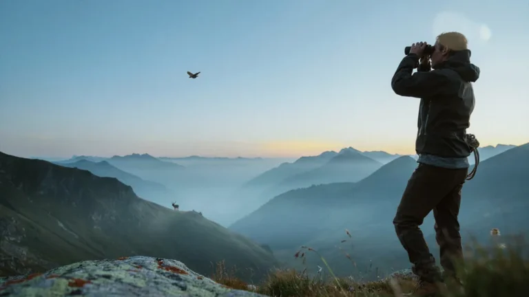 Person using binoculars over a mountain valley at sunrise