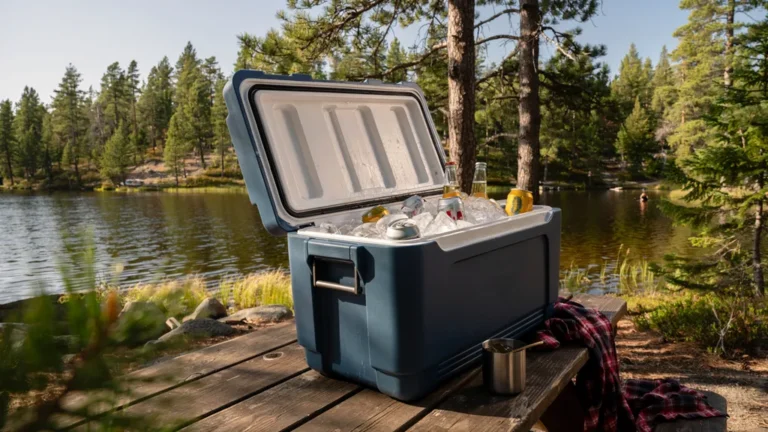 Hard-sided cooler at a lakeside campsite