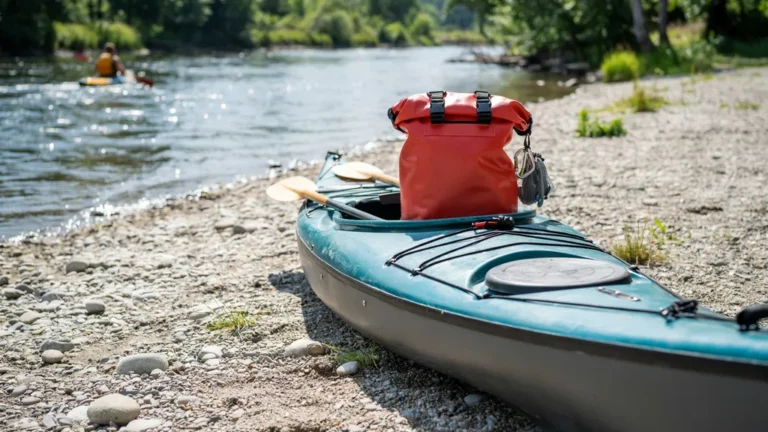 Waterproof dry bag on a kayak by a river