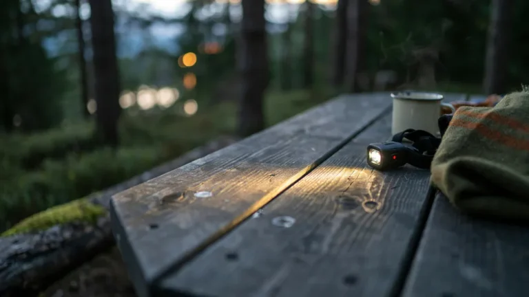 Camping headlamp glowing on a table at a forest campsite