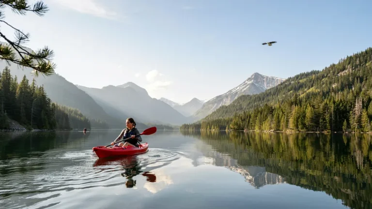 Person kayaking on a scenic mountain lake