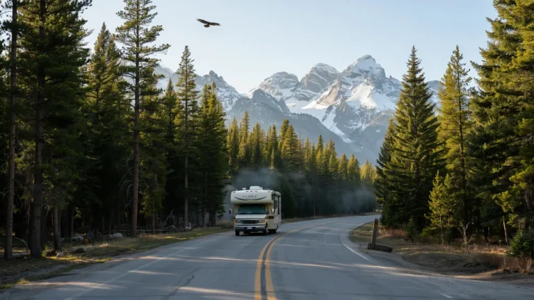 Class C motorhome RV driving a scenic road toward snow-capped mountains in a national park
