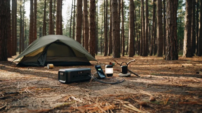 Portable power station charging devices at a campsite