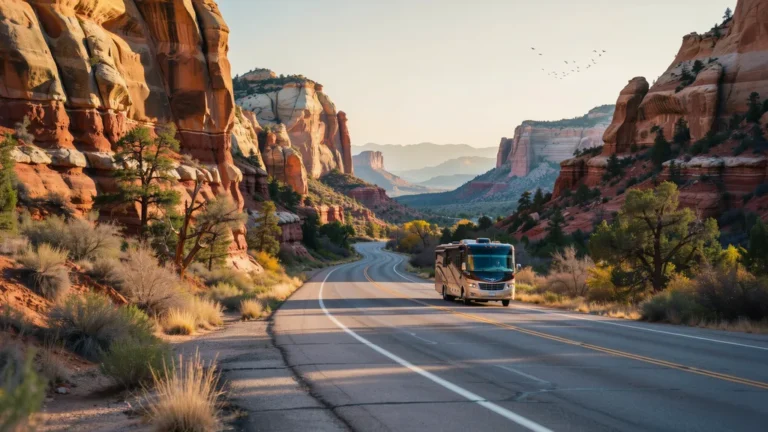 Motorhome RV driving a winding desert highway through red rock canyon country