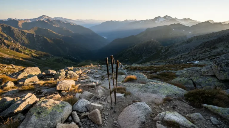 Trekking poles planted on a rocky alpine hiking trail