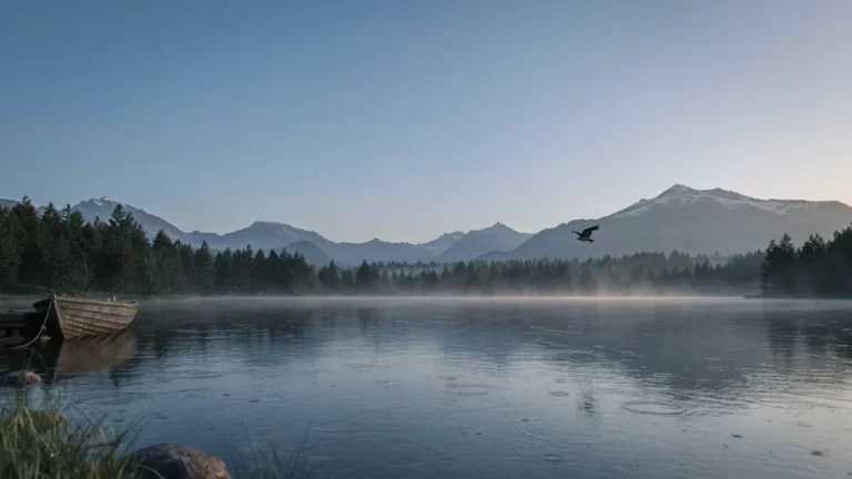 Calm alpine trout lake at dawn