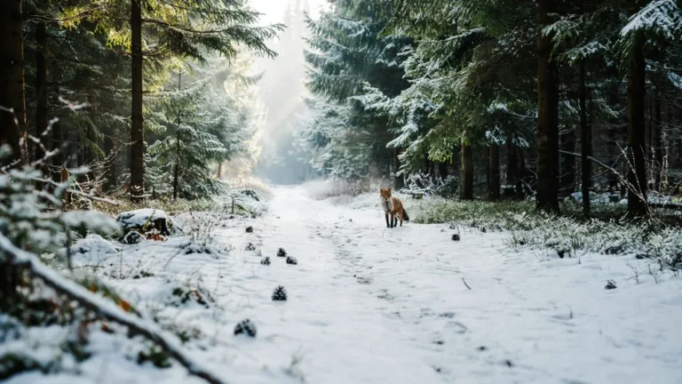 Snow-covered forest hiking trail