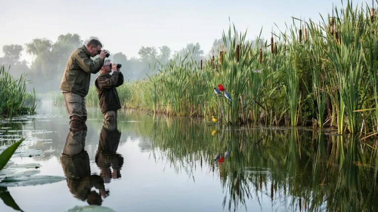 A birdwatcher with binoculars in a lush wetland at morning