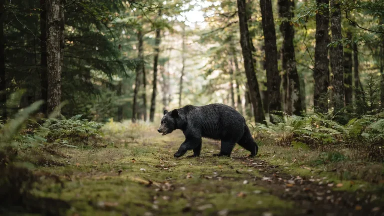 A black bear walking through a forest clearing at a safe distance