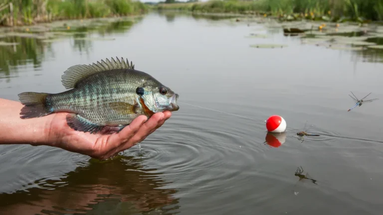 Bluegill sunfish held gently above calm pond water with a bobber