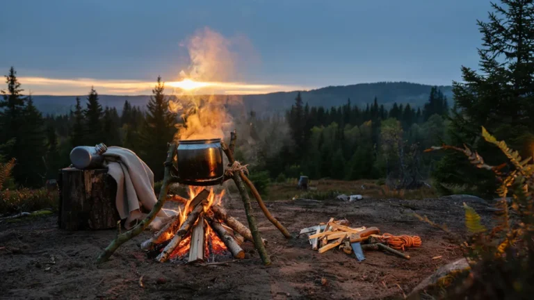 Pot of water boiling over a campfire in a wilderness clearing
