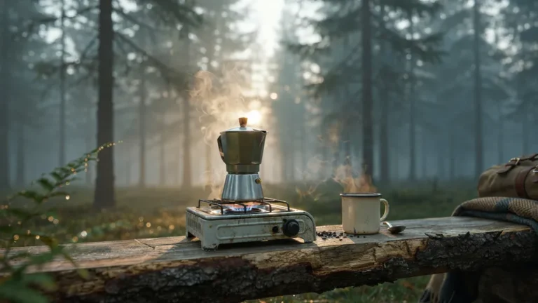 Percolator coffee pot steaming over a camp stove at sunrise