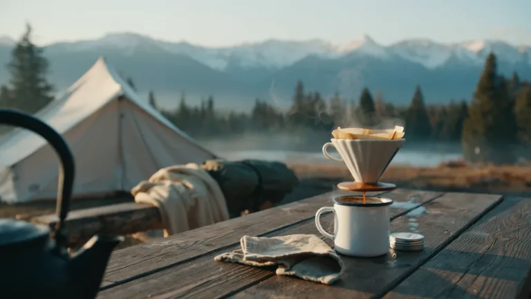 Camp coffee pour-over dripping into a mug with steam