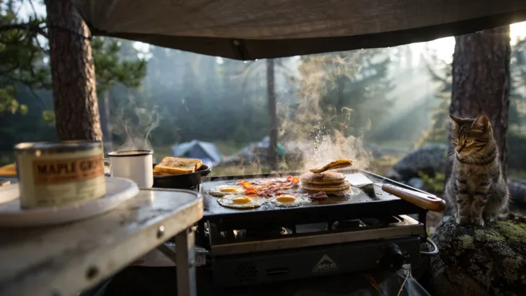 Breakfast cooking on a flat-top griddle at a campsite