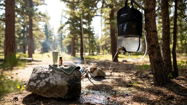 Portable camp shower bag hanging from a tree at a campsite