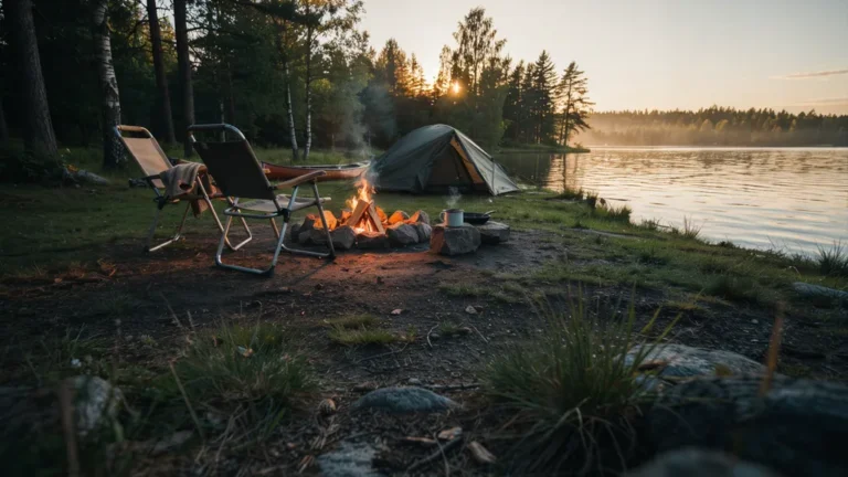 Folding camping chairs beside a campfire at a lakeside campsite