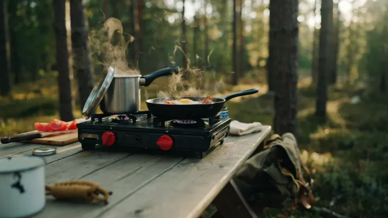 Camping cookware on a camp table beside a camp stove
