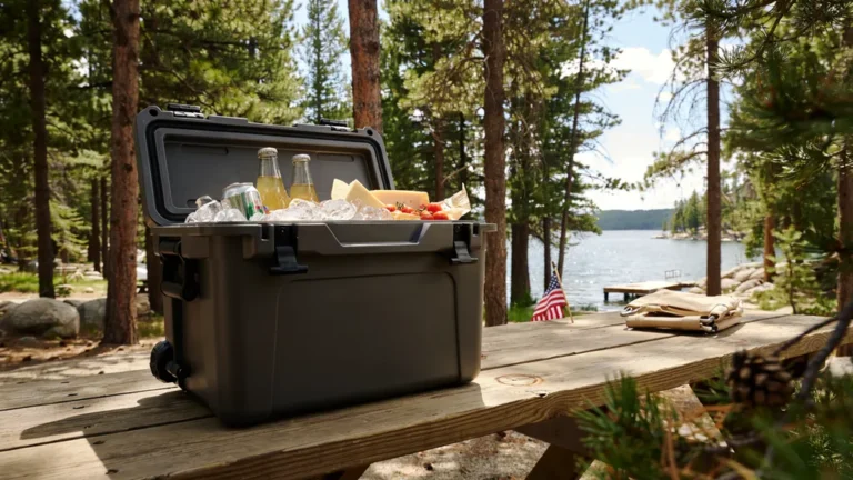 A hard cooler on a picnic table at a lakeside campsite