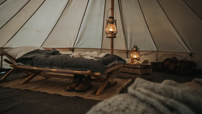 Camping cot with sleeping bag inside a canvas tent