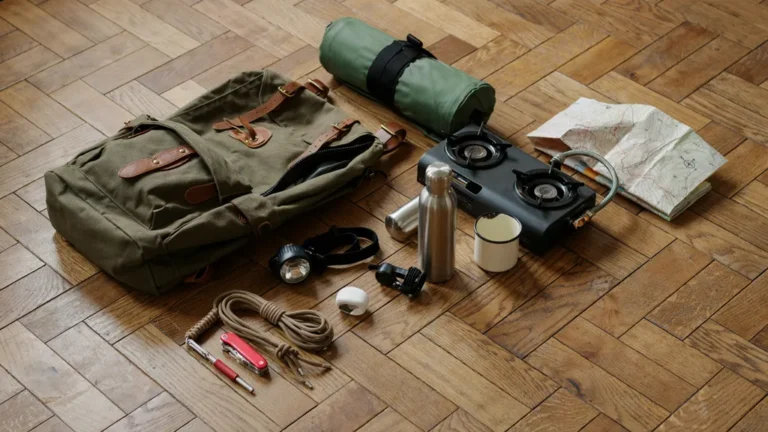 Camping gear organized and laid out ready to pack