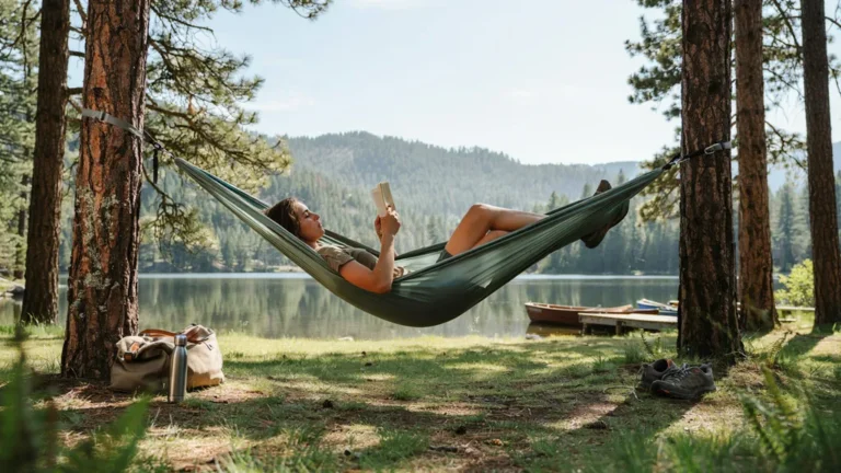 Camping hammock strung between pines above a mountain lake