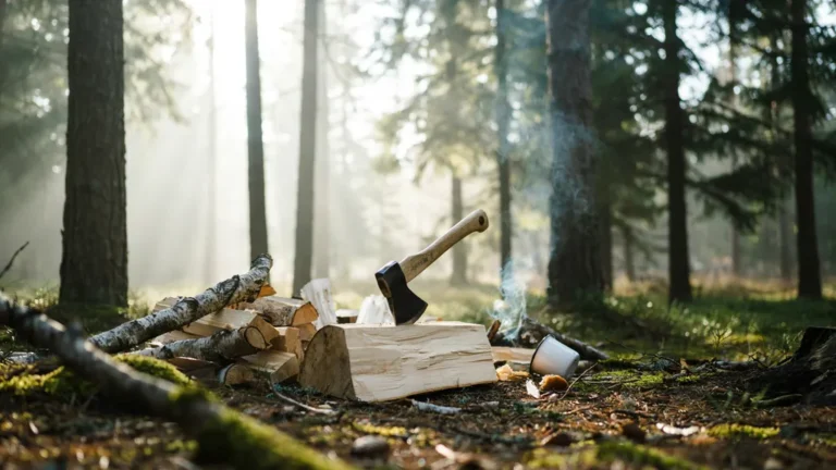 Camping hatchet in a chopping log with split firewood
