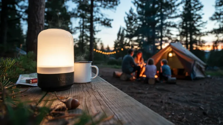 LED camping lantern glowing on a picnic table at dusk