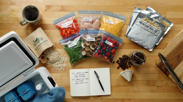 Camping meal prep with labeled bags and cooler packing
