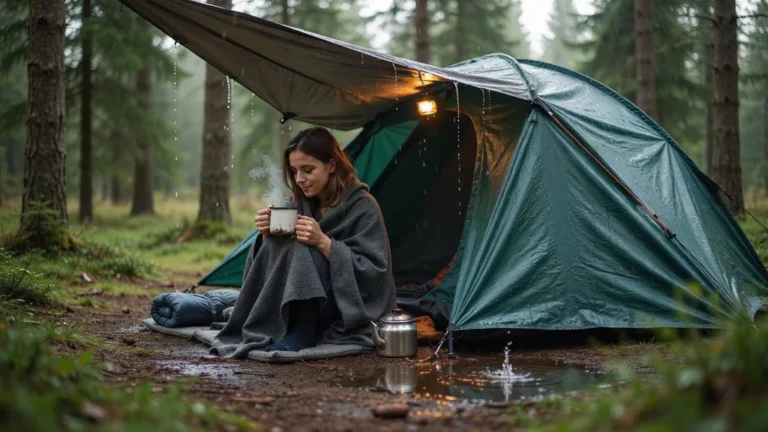Tent in steady rain with a camper dry under a tarp awning
