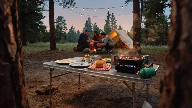 Folding camping table set for dinner at a campsite