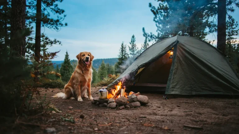 Dog sitting beside a tent at a campsite