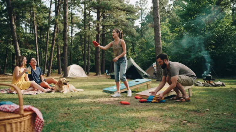 Friends playing lawn games at a sunny campsite