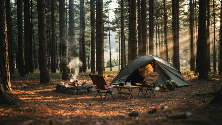 A campsite set up in a pine forest clearing at golden hour