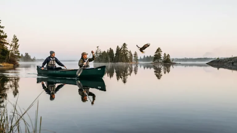 Two paddlers canoeing across a glassy misty lake
