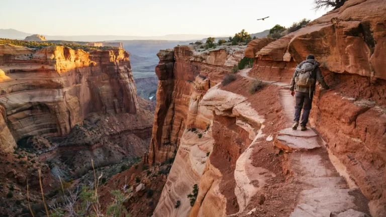 Hiker descending switchbacks into a red rock canyon at sunrise