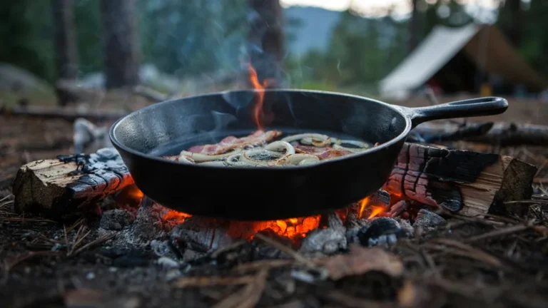 A cast iron skillet cooking over campfire coals