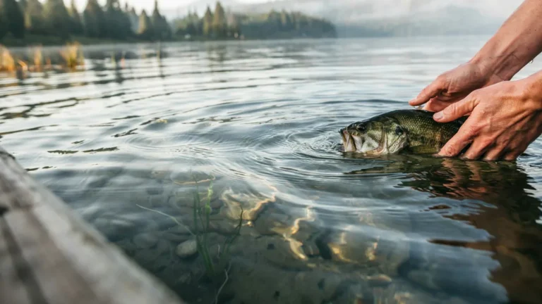Wet hands releasing a bass back into clear water