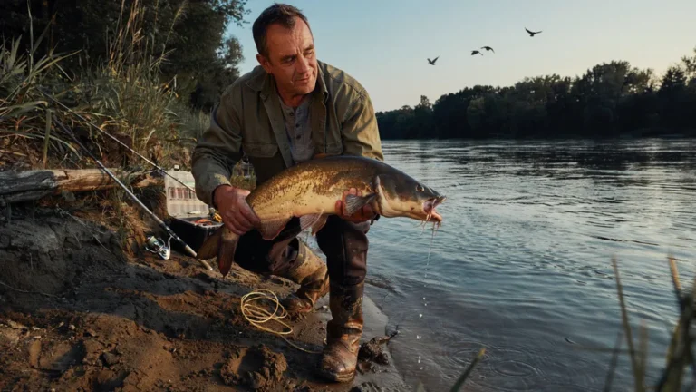 Angler holding a catfish at a river at dusk